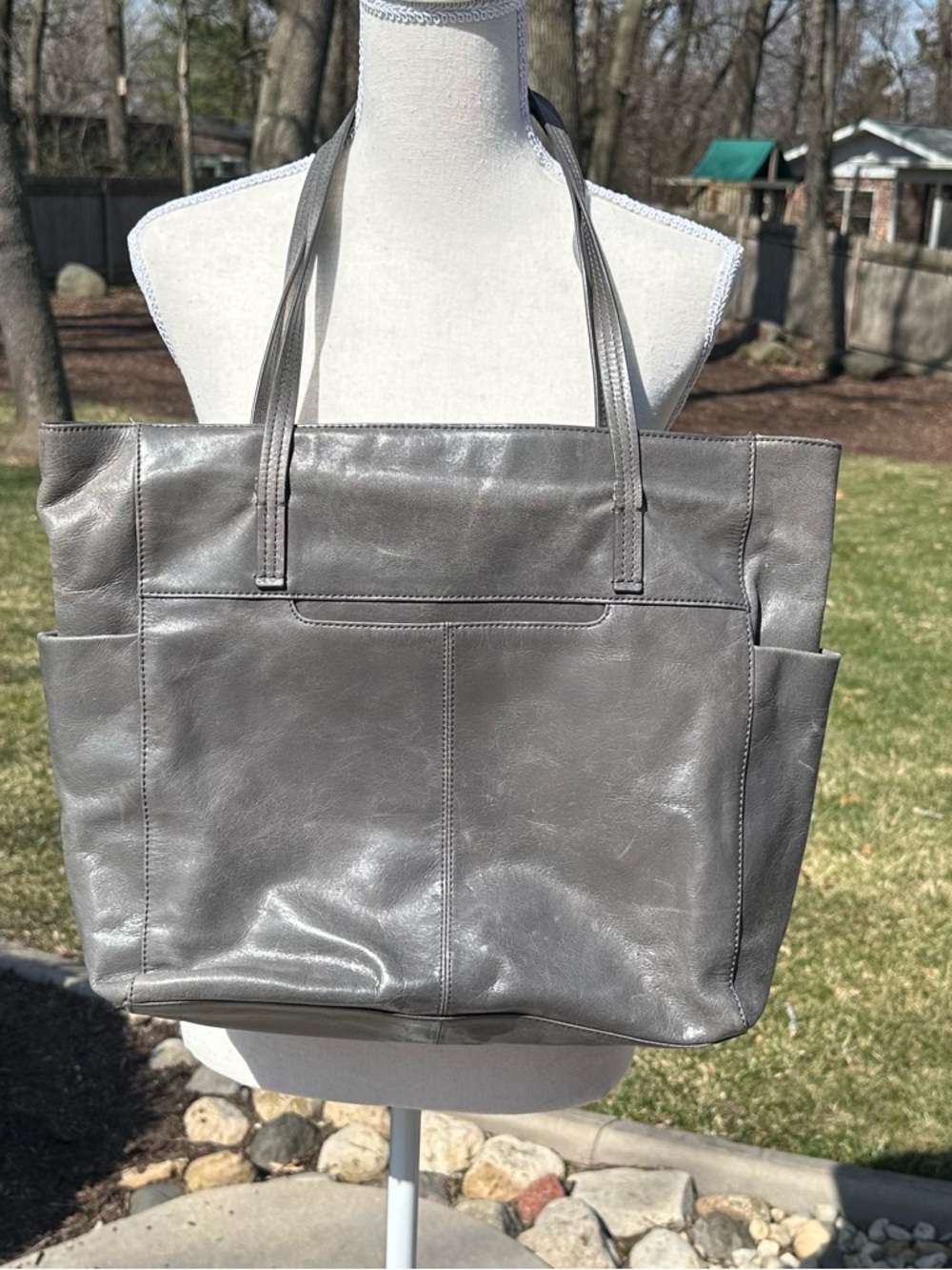 HOBO Large Gray Leather Tote with Side Pockets